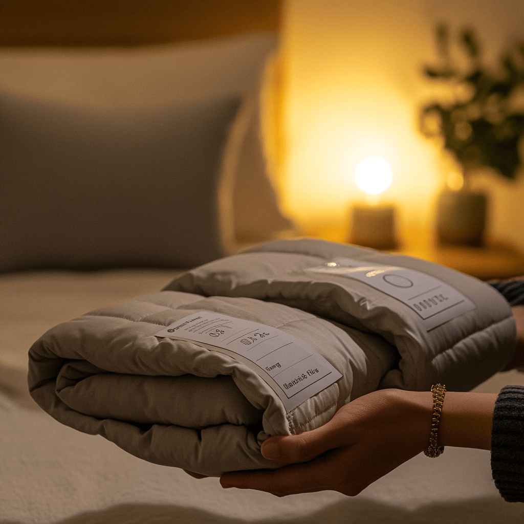 Realistic scene showing how to choose and integrate a weighted blanket for epilepsy-related sleep routines