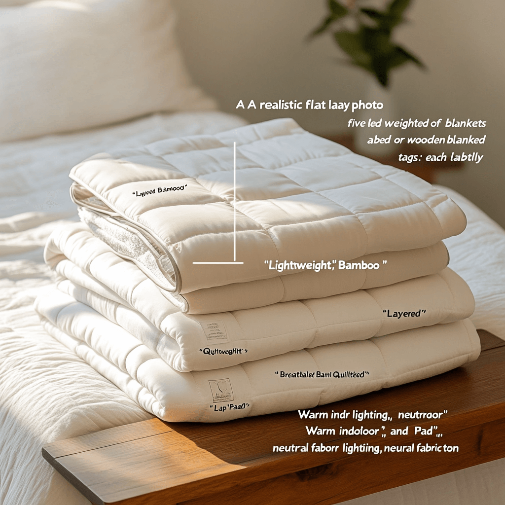Realistic image displaying different types of weighted blankets with epilepsy-focused sleep applications