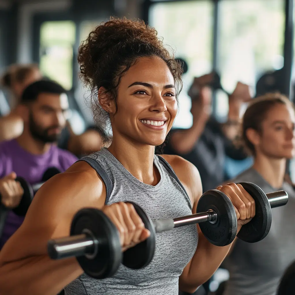 Woman lifting dumbbells in a modern gym for epilepsy strength training, improving bone health, mood, and seizure control