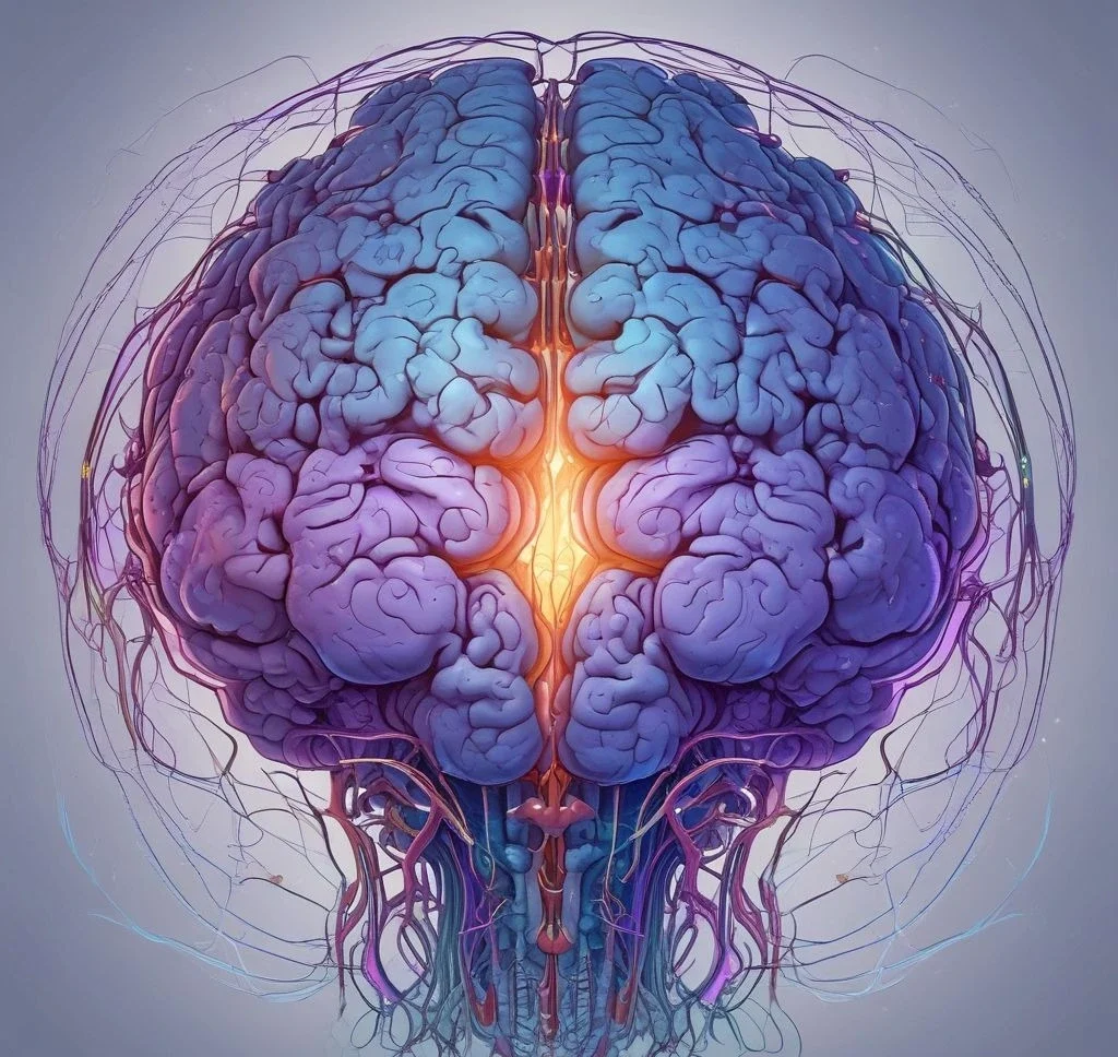 Abstract illustration of a glowing brain with neural pathways and electrical signals, symbolizing epilepsy awareness and seizure activity. The calming blue and purple tones represent support for those living with epilepsy.