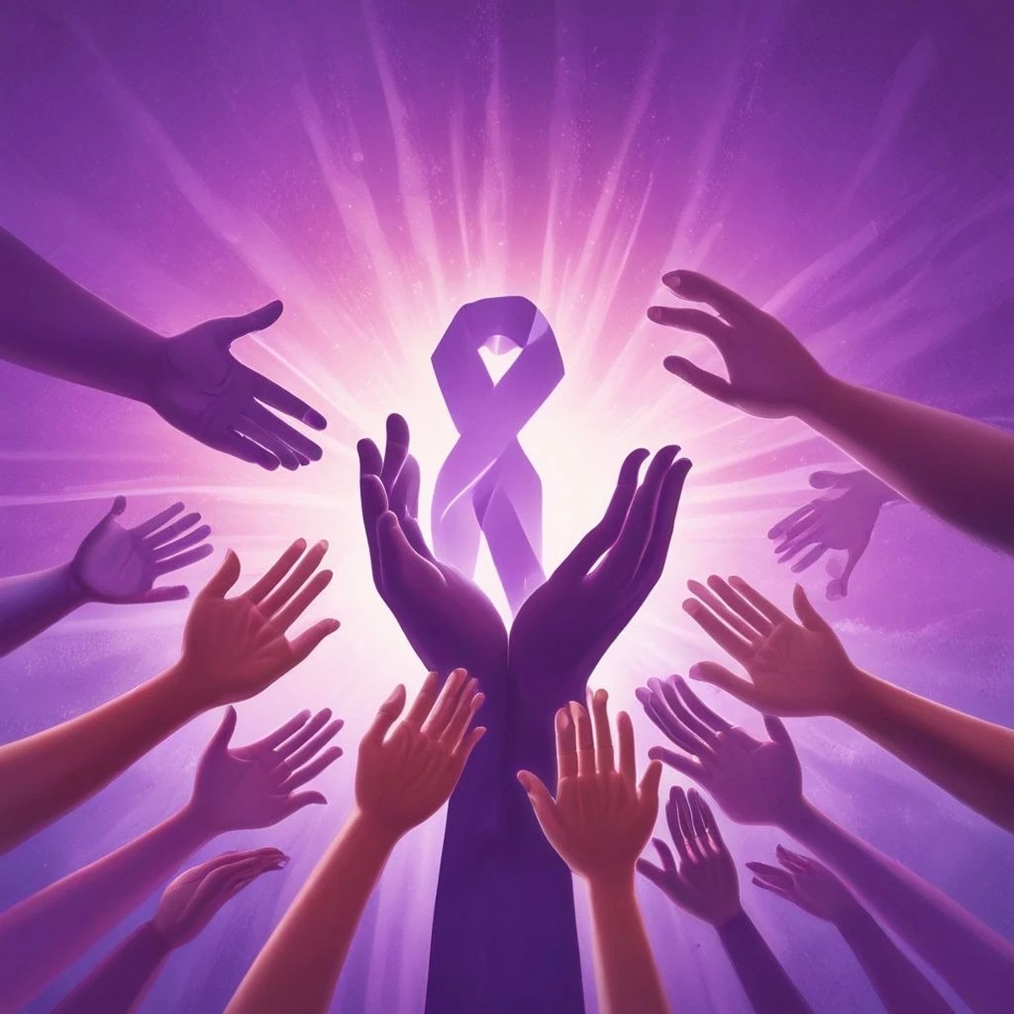 Illustration of raised hands holding a purple epilepsy awareness ribbon, with icons representing advocacy, education, and community support. The image promotes epilepsy awareness, inclusion, and policy change through advocacy efforts.