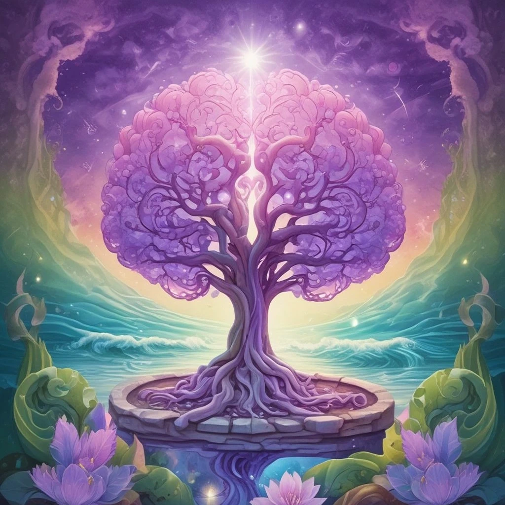 Abstract illustration representing epilepsy wellness with a glowing brain, heart, and natural elements like leaves and waves. Designed in calming purple and green tones, the image symbolizes mental, emotional, and physical well-being for those affected by epilepsy.